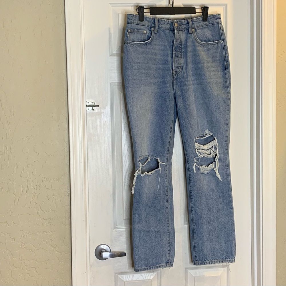 Lovers + Friends Reece High Rise Rigid Slim Straight Jeans Size 29 Distressed - Picture 3 of 12